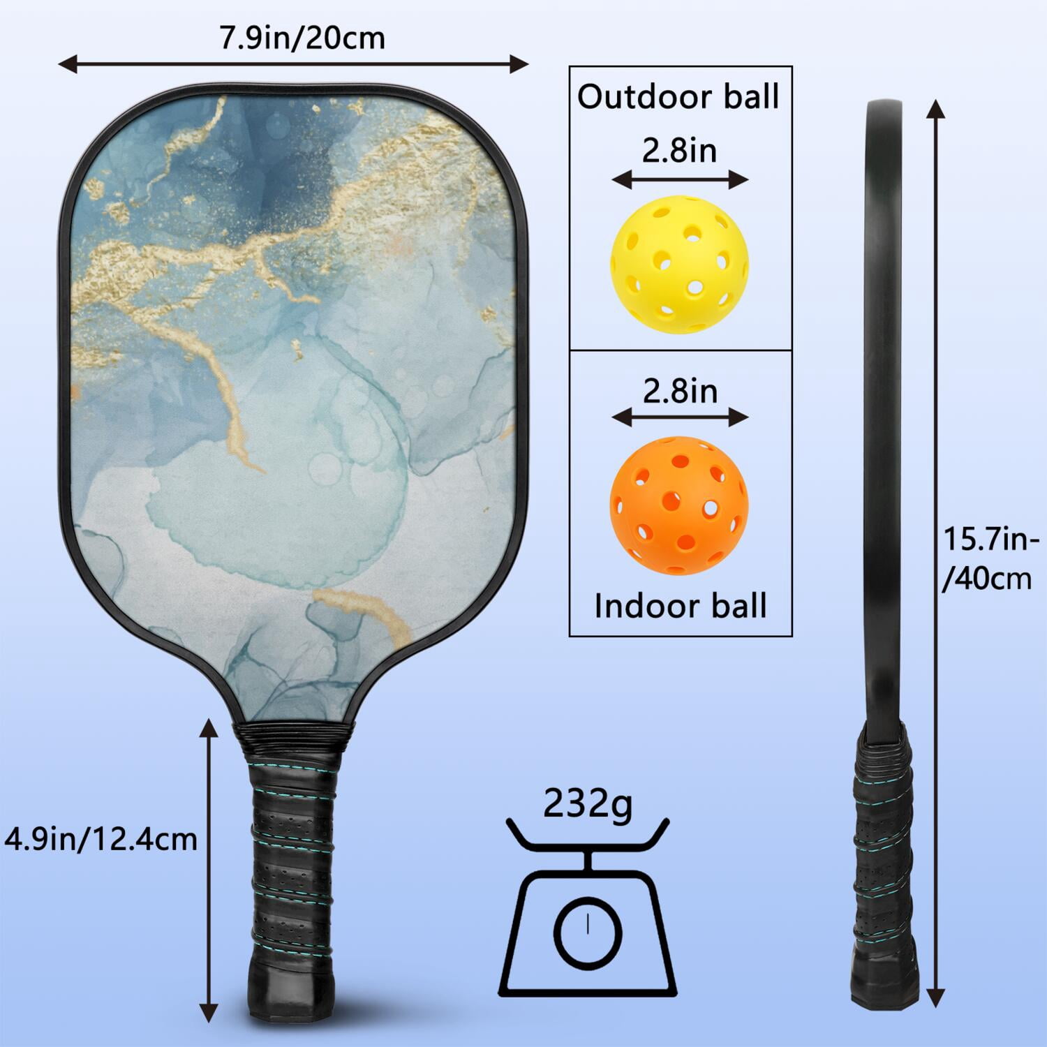 Pickleball Paddles Set Of 1, Fiberglass Surface, Turquoise Marble Pattern, 1 Paddle, 2 Balls & Bag