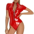 thumbnail image 5 of Women Glossy Leather Bodysuit, Sexy Zipper Open Breast, Short Sleeve, Plus Size Shiny Latex Leotard, 5 of 9
