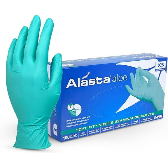 DASH Alasta Aloe Nitrile Exam Grade Disposable Gloves, Chemo Tested, Green, 3.9 mil, 100/Box, XSmall