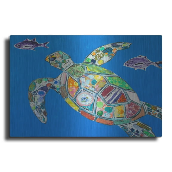 Luxe Metal Art 'Blue Sea Turtle' by St. Hilaire Elizabeth, Metal Wall Art, 24"x16"