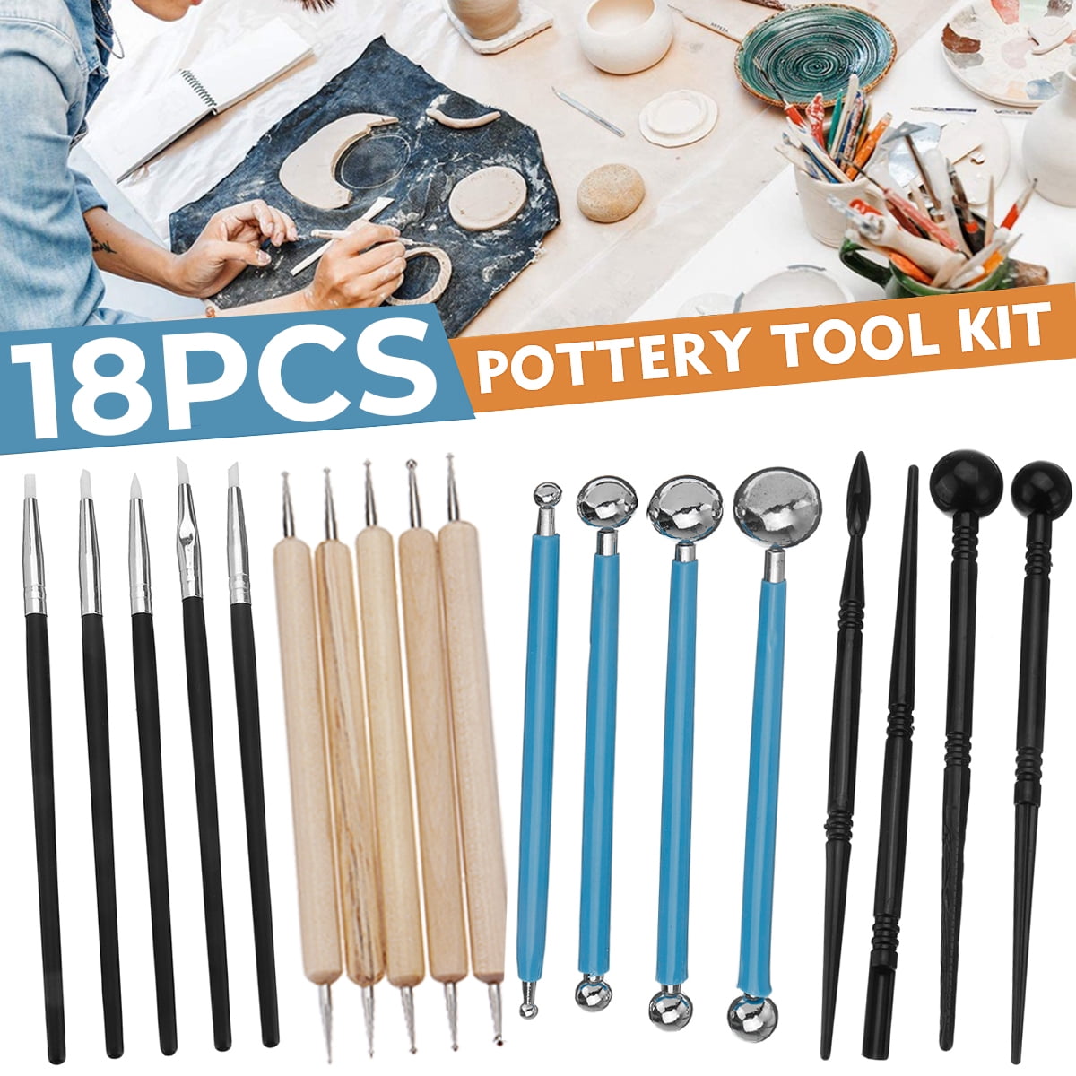SUPVOX Pottery Tool Kit Ceramics Carving Sculpting Modeling Trimming Kit with Storage Bag 18pcs