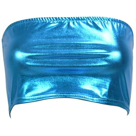 Women s Shiny Metallic Strapless Crop Tube Top Bandeau Bra