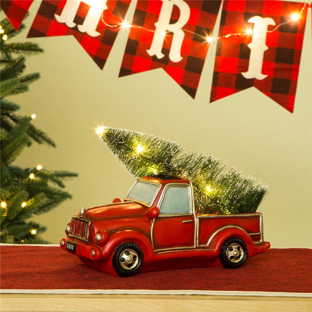 Glitzhome 12.52" L Red Truck Christmas Ornaments with Lighted Tree