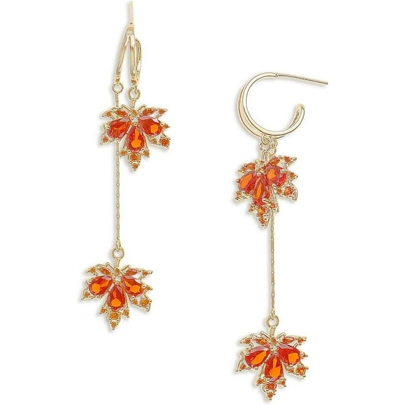Gold Open Hoop Flower Fall Maple Leaf Drop Dangle Earrings for Women – Elegant Sparkly Crystal Cubic Zirconia Rhinestone Earring Dangling Prom Party Holiday Jewelry Gift