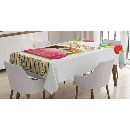 

Sweet Dreams Tablecloth Cartoon Girl Sleeping in Bed with Colorful Balloons Night Time Illustration Rectangular Table Cover for Dining Room Kitchen 60 X 84 Inches Multicolor by Ambesonne