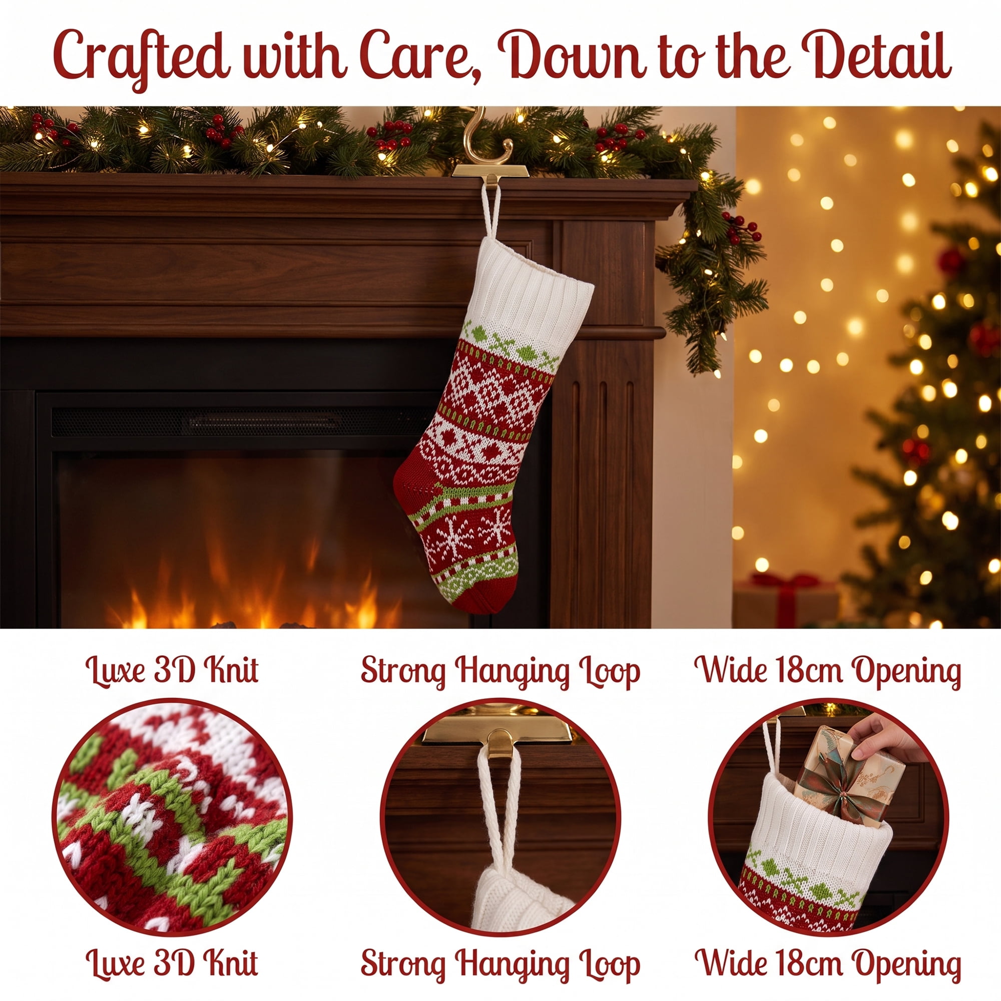 Unique Bargains Holiday Christmas Double Layer Knitted Motif Stocking Red 20"
