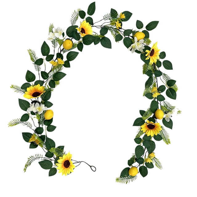 Girasol artificial de 1,90 m (6,2 pies),limón y ajo,enredaderas de plástico verde con flores para decoración de verano,porche,puerta principal,arco de boda,pared,decoración de fiestas.