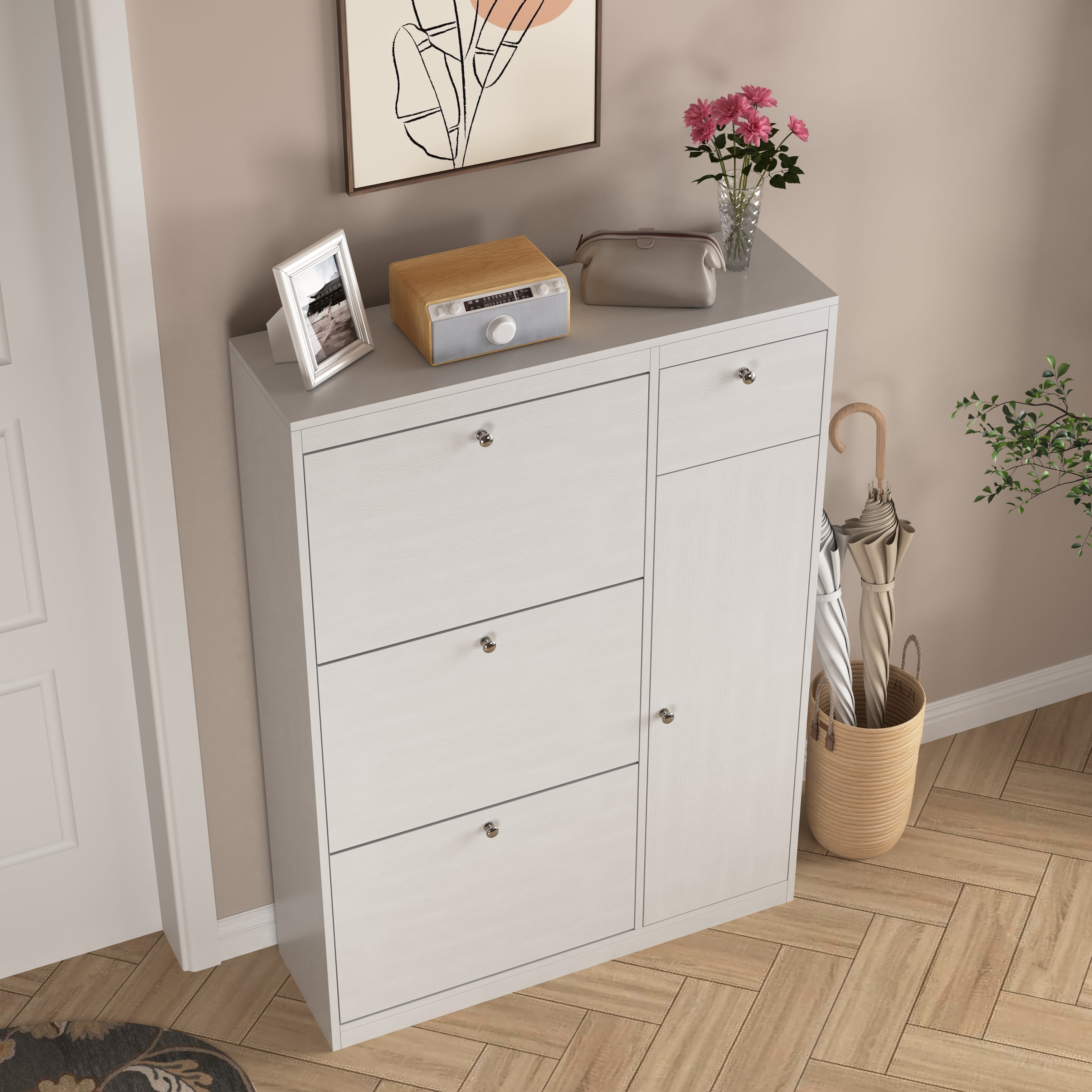 MAYEERTY Slim Shoe Cabinet, 3 Flip Drawers, Adjustable Storage, Narrow Entryway Shoe Rack, White