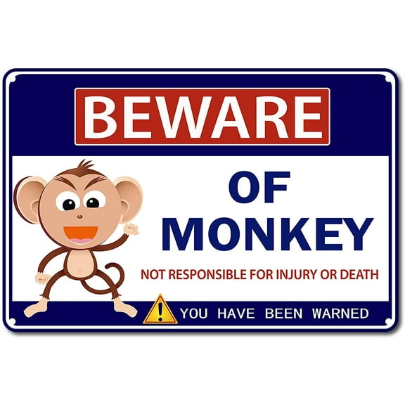 Animal Warning Sign Funny Metal Tin Signs Beware Monkey Banner Vintage Gifts Wall Decorations with 4 Holes Outdoor Indoor