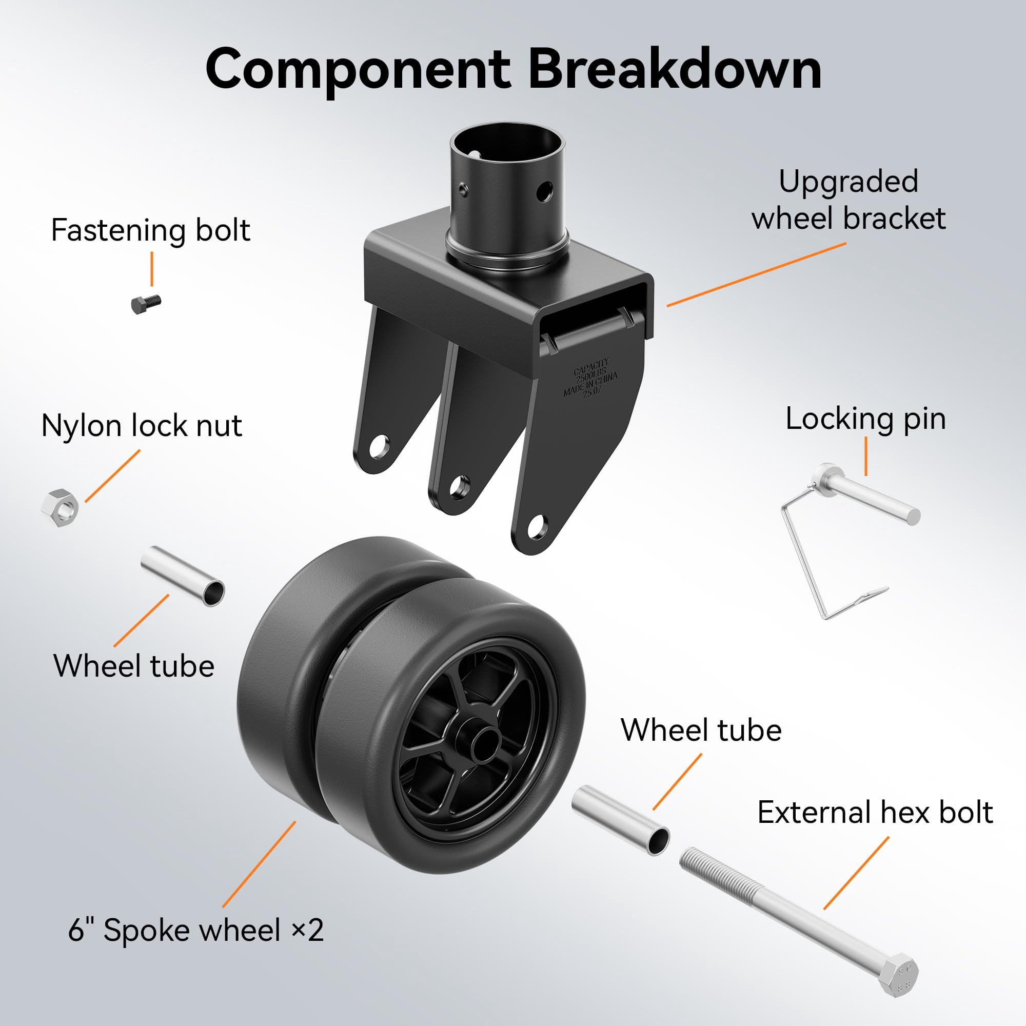 TOWKING 2,500lbs Dual 6" Trailer Jack Swivel Caster with Upgraded Spoked Wheels and Reinforced Bracket, Black