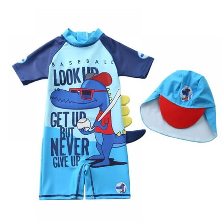 

Toddler Boys Rashguard Short Sleeve One-Piece Swimsuit Cute Cartoon Dinosaur Rash Guard with Sun Hat UPF 50+ Sun Protection 1-5T