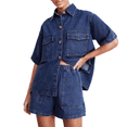 thumbnail image 2 of LYMAYTER Women's Denim Set‌ Short Sleeve Button Down Shirt Drawstring Shorts Casual Two Piece S-2XL, 2 of 8
