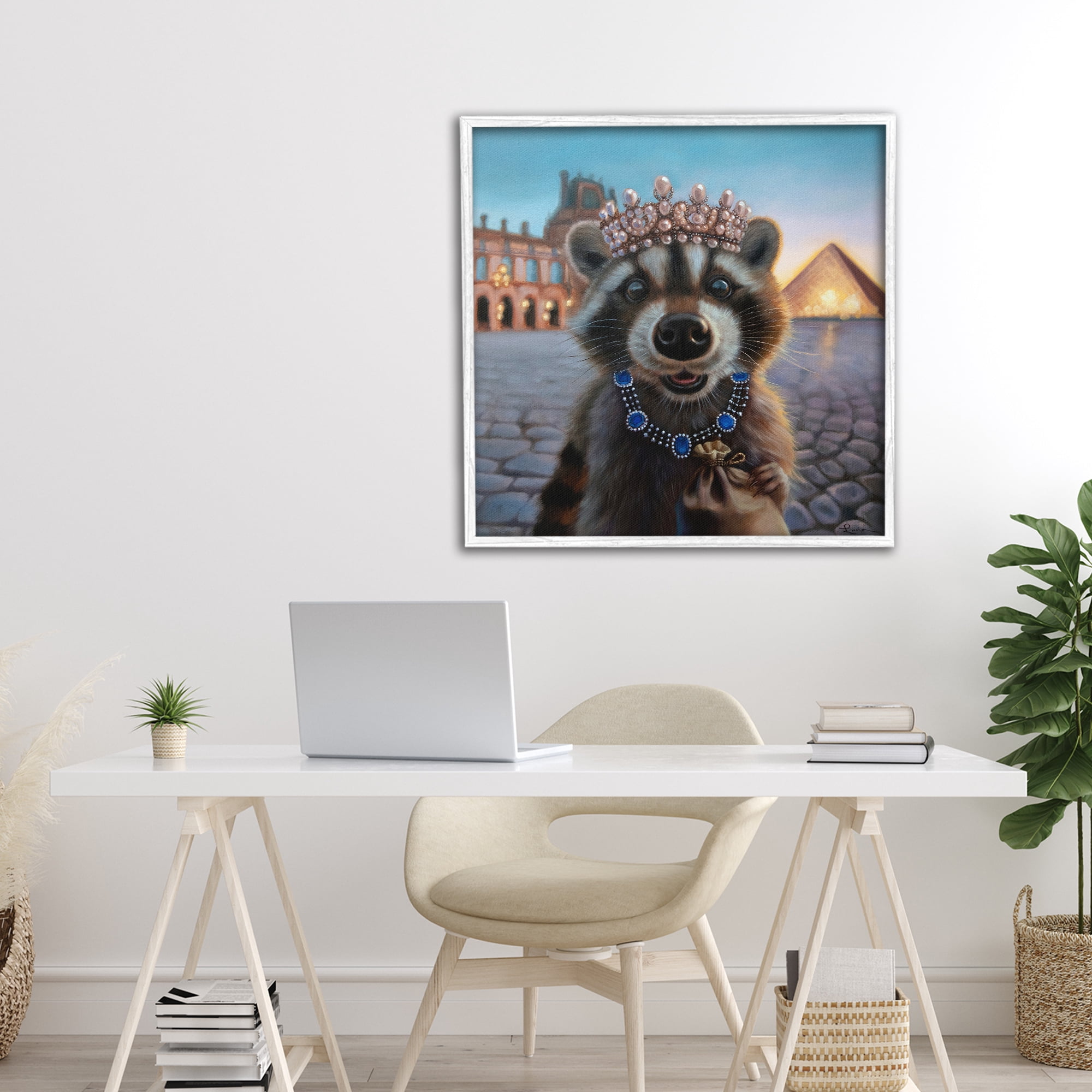 Stupell Industries Louvre Loot Raccoon White Framed Giclee Art, design by Lucia Heffernan