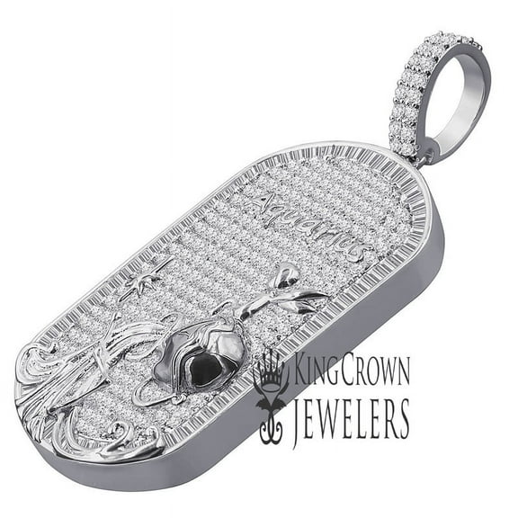 Unisex 14K White Gold Finish Aquarius Water Zodiac Sign Astrology Horoscope Charm Baguette & Round Cut Diamond Pendant