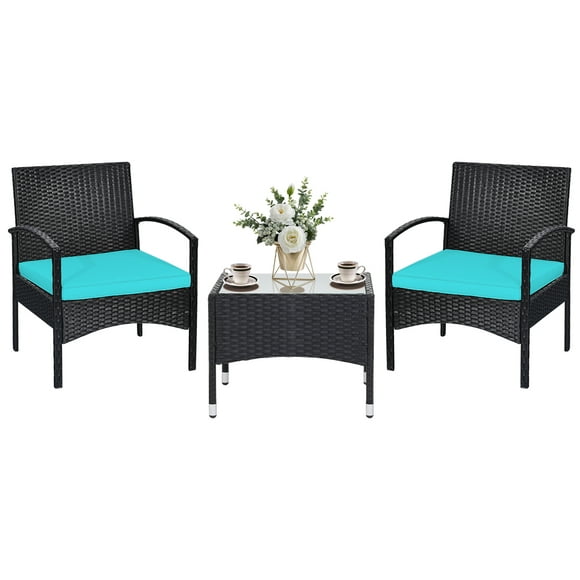 Patiojoy 3 PCS Patio Rattan Cushioned Chair Side Table Set Bistro Set Classic Furniture Single Sofa Thick Cushion for Garden Turquoise