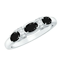 Rosec Jewels Oval Shape Black Onyx Ring with Diamond for Women - AAA Quality, 10K White Gold, US 10.50