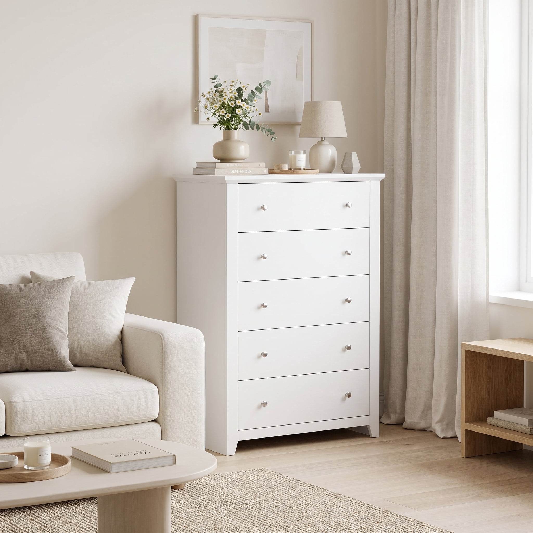 TrumanPick White Dresser Tall 5 Drawer Dressers for Bedroom Wood Chest of Drawers for Living Room Hallway Entryway 47.2"H x 31.1"W x 15.7"D