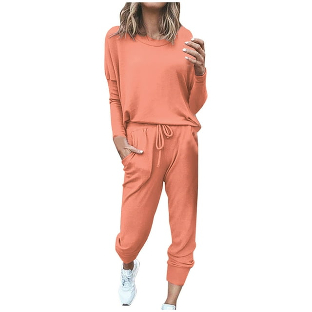 Mrat Tracksuits for Women Set 2 Piece 2 Piece Jogging Sets Solid Polyester Long Sleeve Sweatsuits Sets Two Piece Track Suits Drawstring High Waist Pants Set Comfy Outfits A-Orange 4XL
