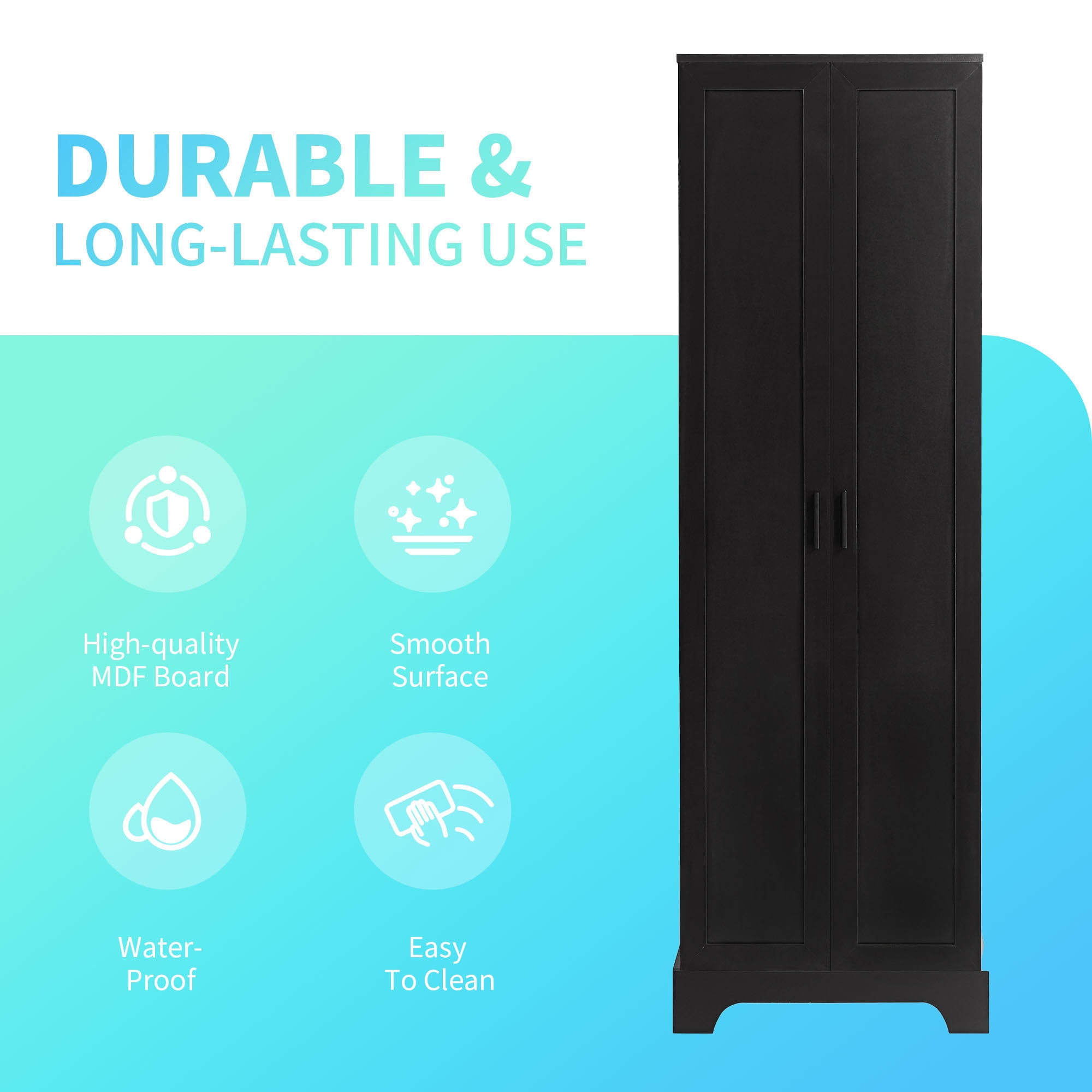S-HOME Black Storage Cabinet with Two Doors, Adjustable Shelf and Durable MDF Board for Bathroom or Office Organization