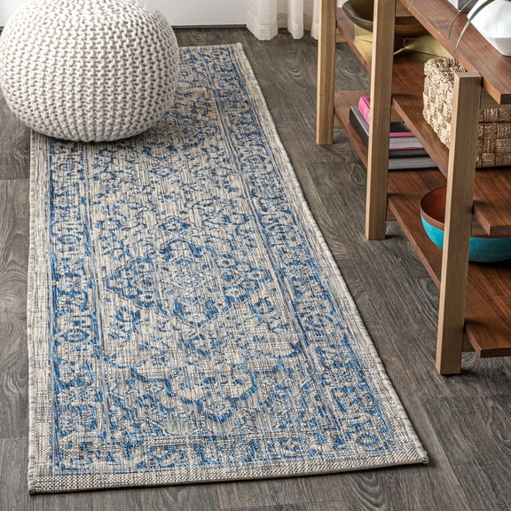 JONATHAN Y SANTA MONICA 2 x 10 Runner Rug, Rozetta Boho Medallion Textured Weave - Gray/Navy, SMB102B-210