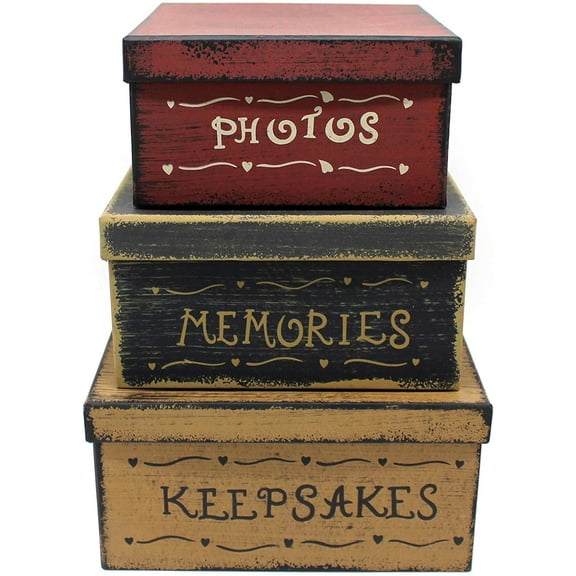CVHOMEDECO. Primitive Vintage Square Photos, Memories, Keepsakes Cardboard Nesting Boxes, Large 9 X 9 X 4-1/2 Inch. Set of 3.