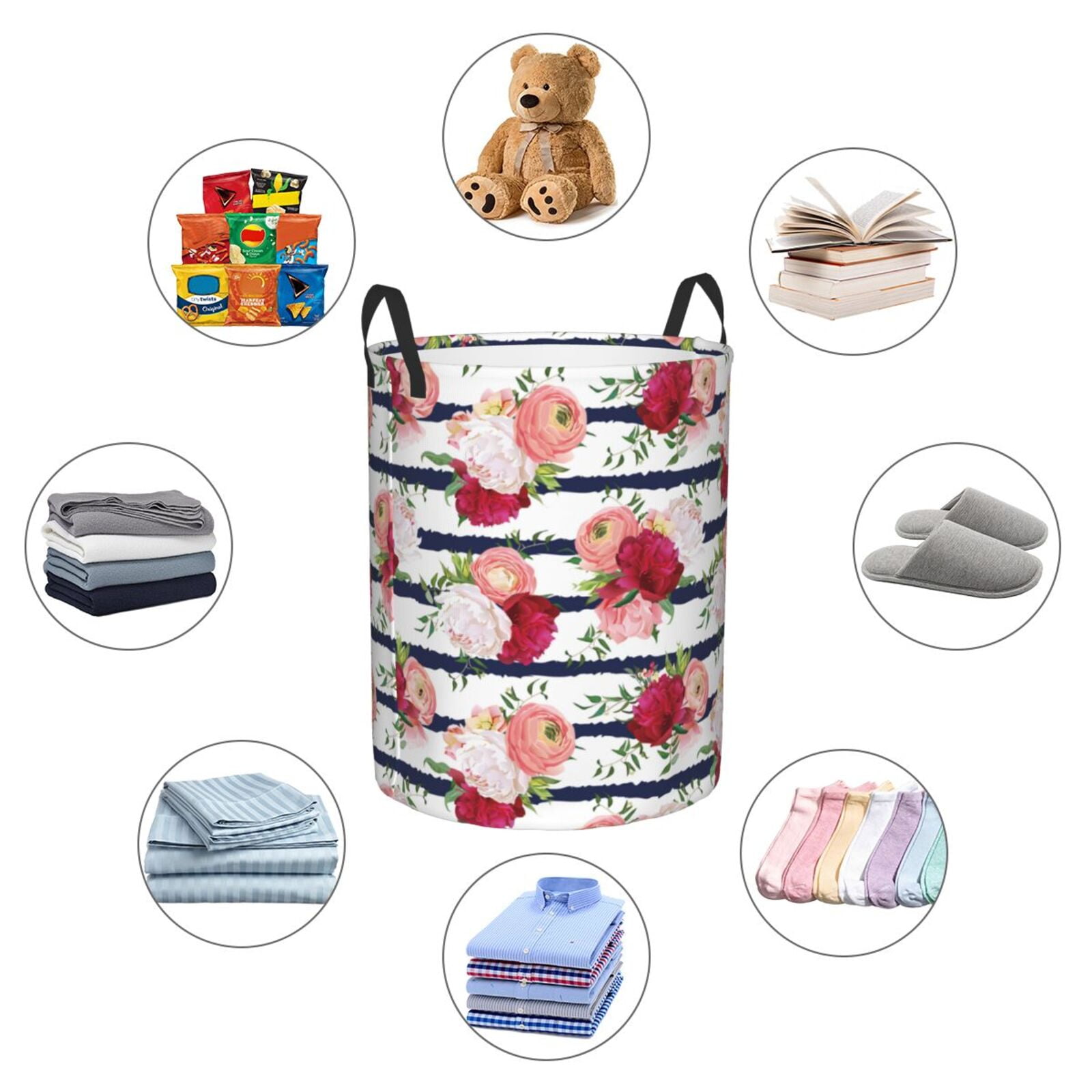 Large Laundry Basket with Handles - White Pink Red Carnations Flowers Kids Baby Dirty Clothes Laundry Hamper for Bedroom Aesthetic