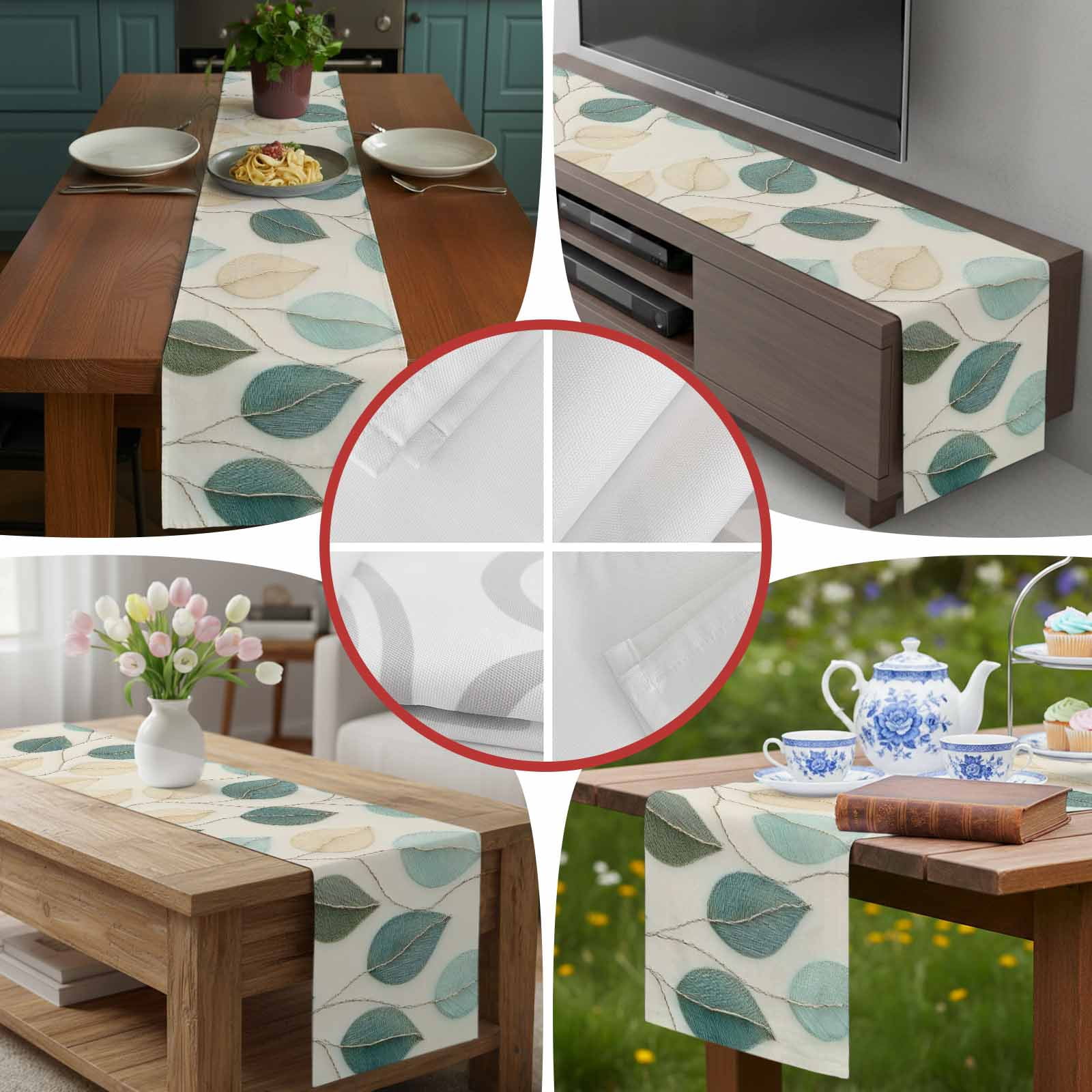 Farmhouse Teal Green Leaf Table Runner 90 Inches Long, Vintage Watercolor Leaves Table Runners Tabletop Scarf Kitchen Dining Tables Decoration for Home Party Indoor Outdoor