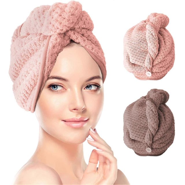ZHAOCHENG Toalla de microfibra para el cabello, paquete de 2, toalla de turbante para el cabello, turbante súper absorbente, gorros para secar el cabello (rosa y marrón)