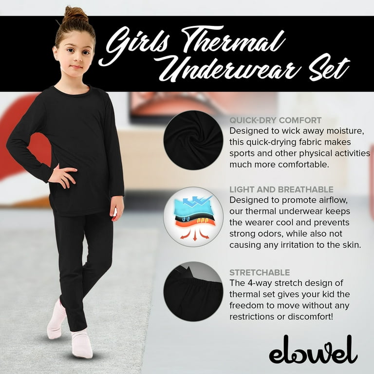 Elowel Thermal Underwear Set for Girls Kids Thermals Base Layer Medium  Black 