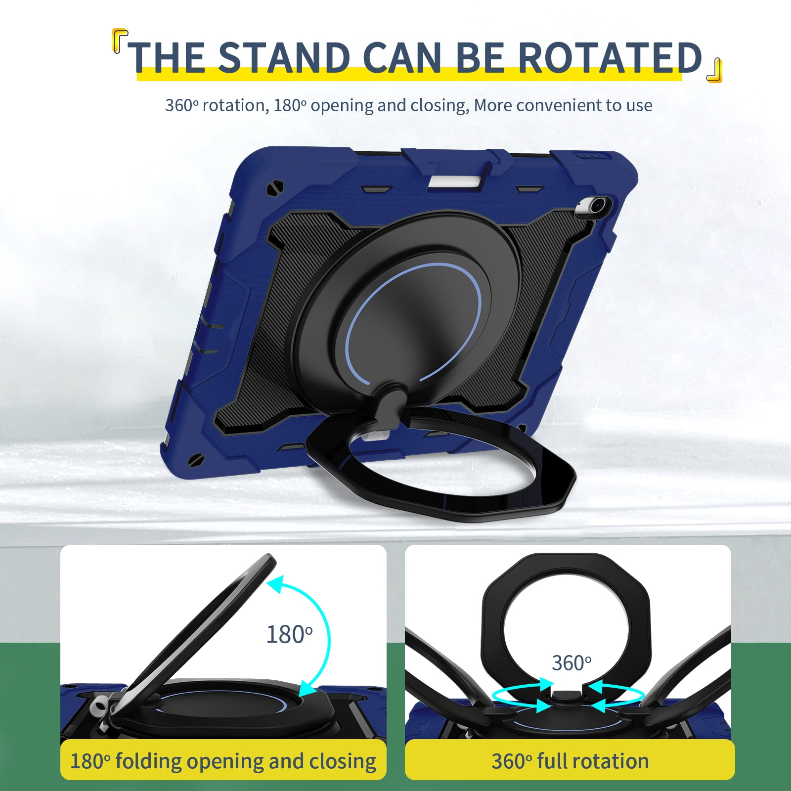 Allytechgroup for iPad Air 13 inch M2 Case 2024 with Pencil Holder, 360° Rotating Handle Grip Stand Cover Heavy Duty Military Grade Protection Rugged Shockproof Kickstand Kids Girl Case, Darkblue