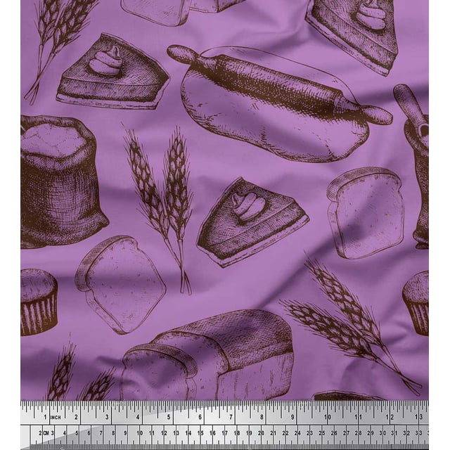 Soimoi Poly Georgette Fabric Rolling Pin,Wheat & Sandwich Bread Food Print Fabric by the Yard 52 Inch Wide