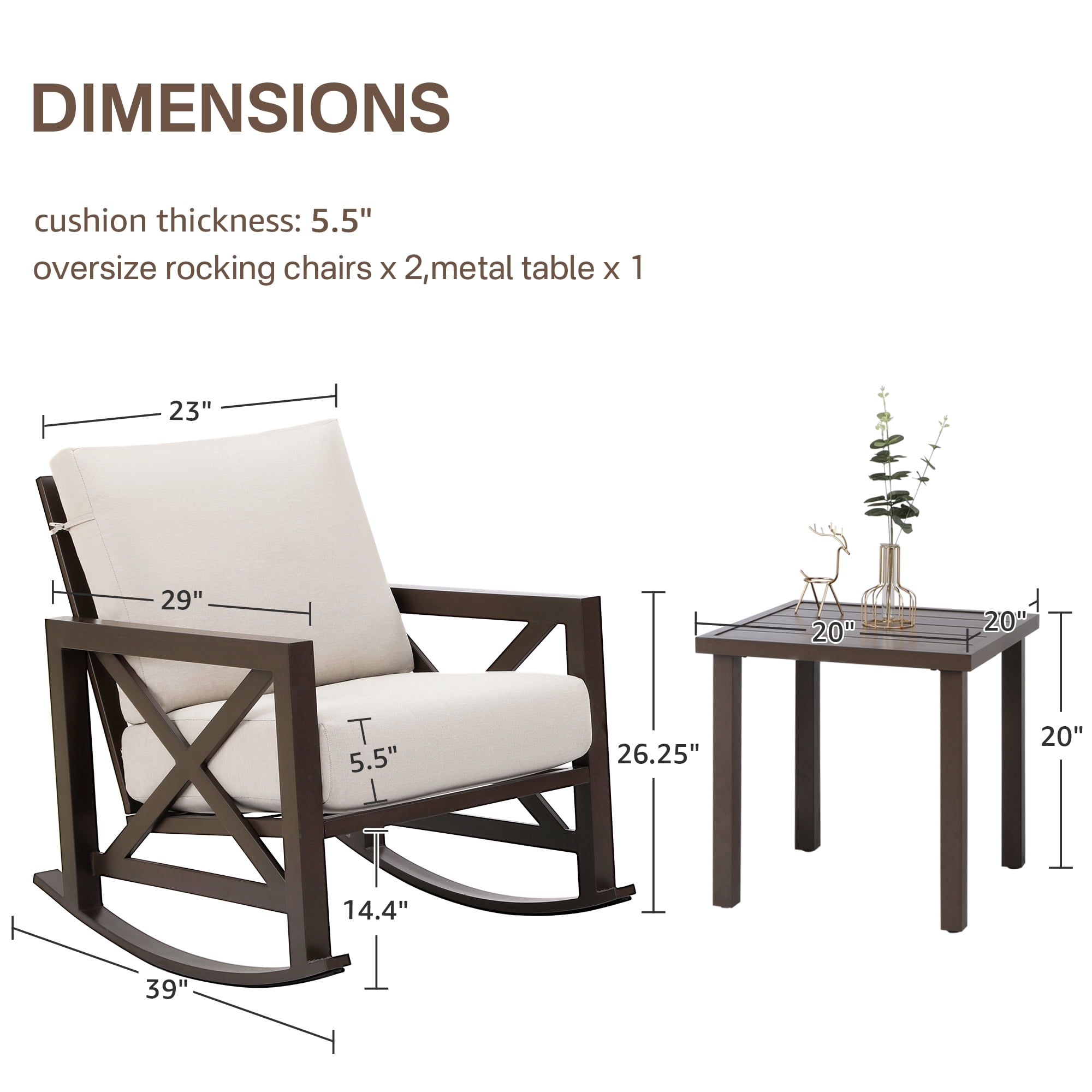 Natural Expressions 3 Piece Patio Rocking Bistro Set, Outdoor Conversation Chairs Set with 2 Metal Rockers with Thick Cushions and Coffee Table