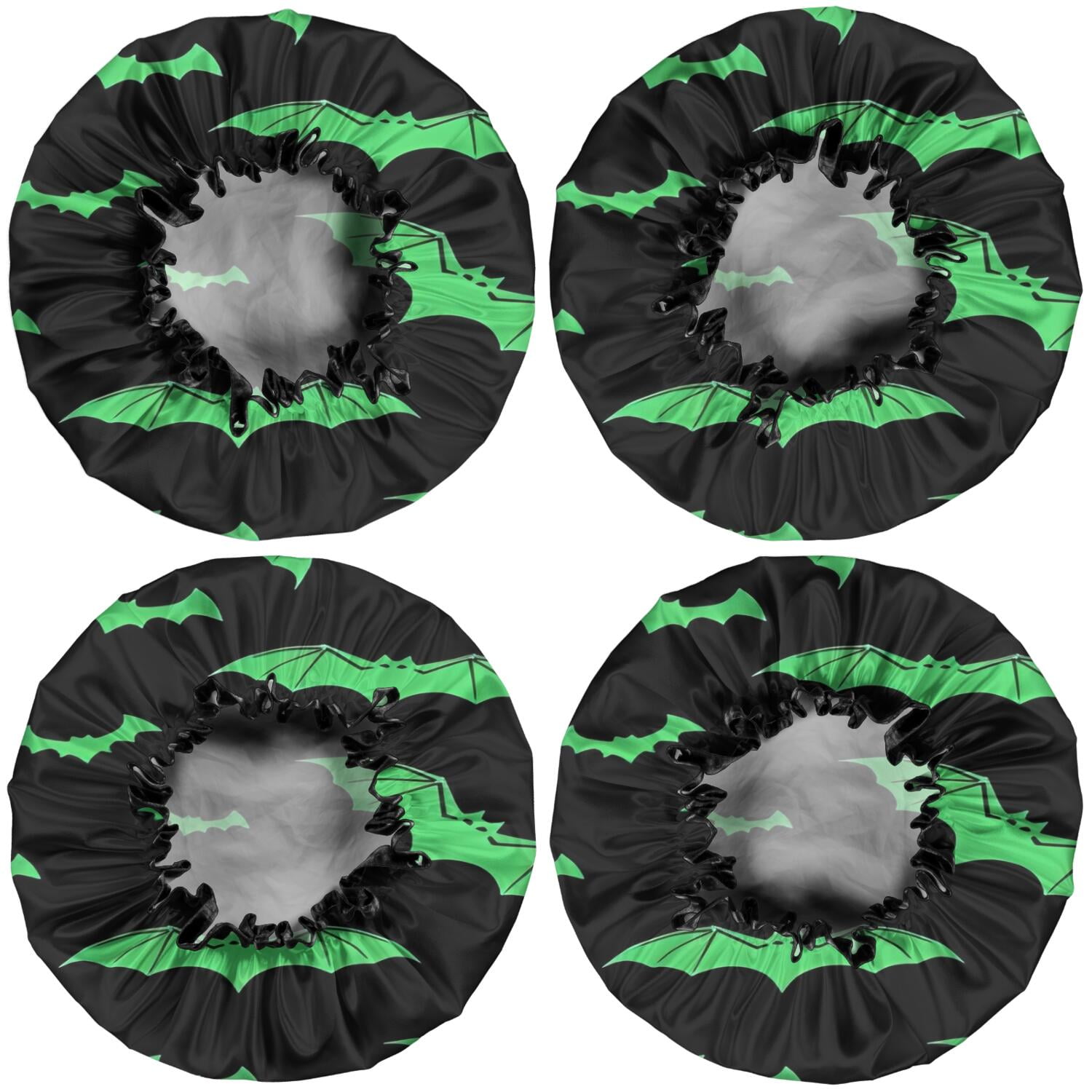 Shower Caps,Black Halloween Bats with Green Waterproof Shower Cap for Women 4 Pieces,Double Reusable Hair Cover for Shower PEVA Elastic Stretch Hem