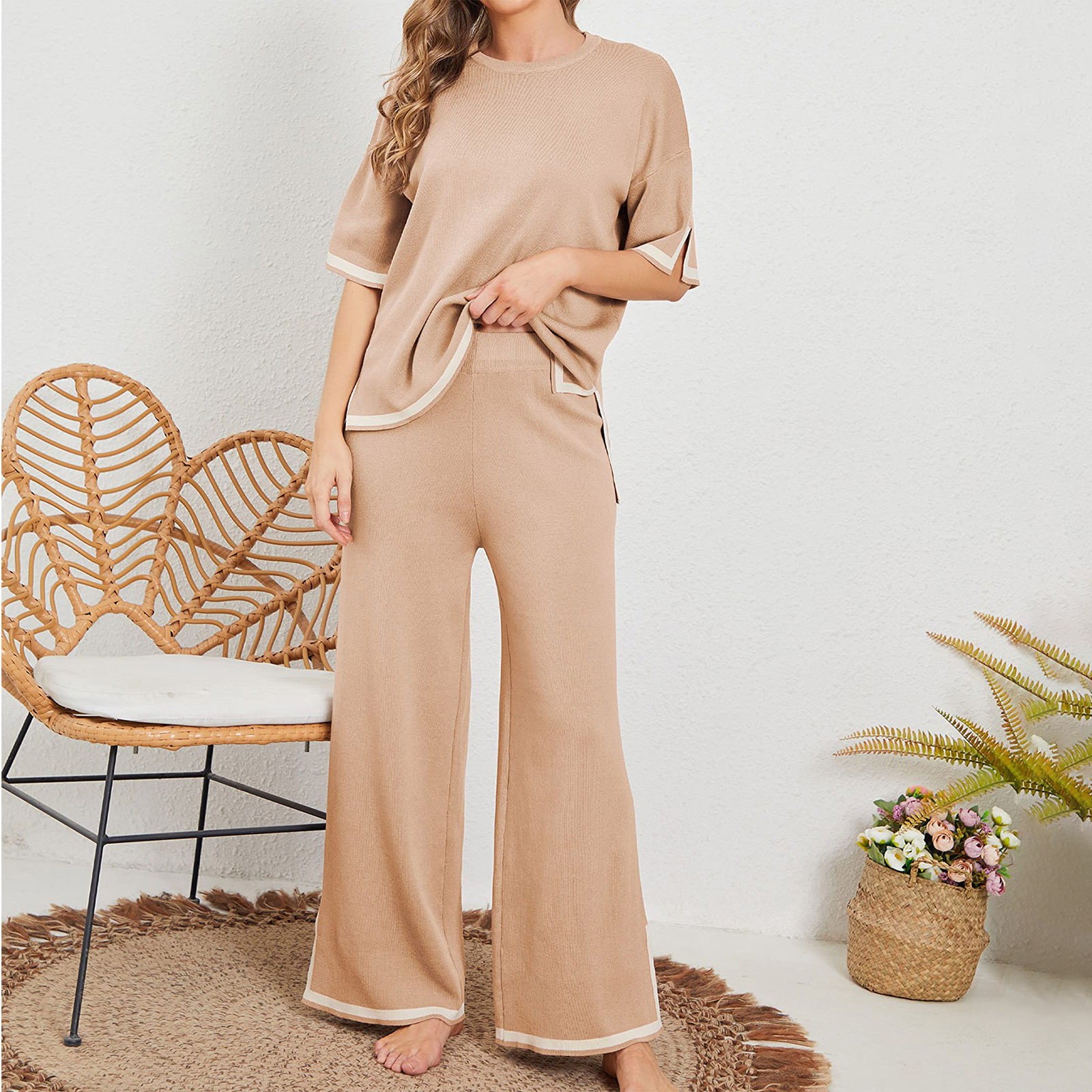 Women's 2-Piece Tracksuit Set - Short Sleeve Top & Wide Leg Pants Lounge Outfit