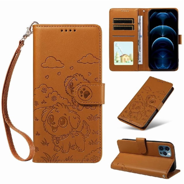 Funda Cartera GANGXUN con Diseño de Perrito en Relieve para iPhone 13 Pro , Protección 360° con Ranuras y Correa Desmontable