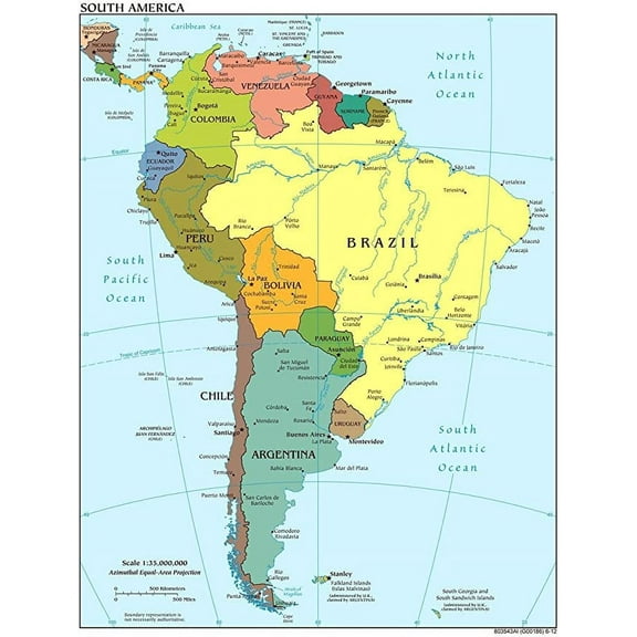 Iconic Arts Laminated 24"x31" Poster: Detailed Political map of South America with Capitals and Major Cities