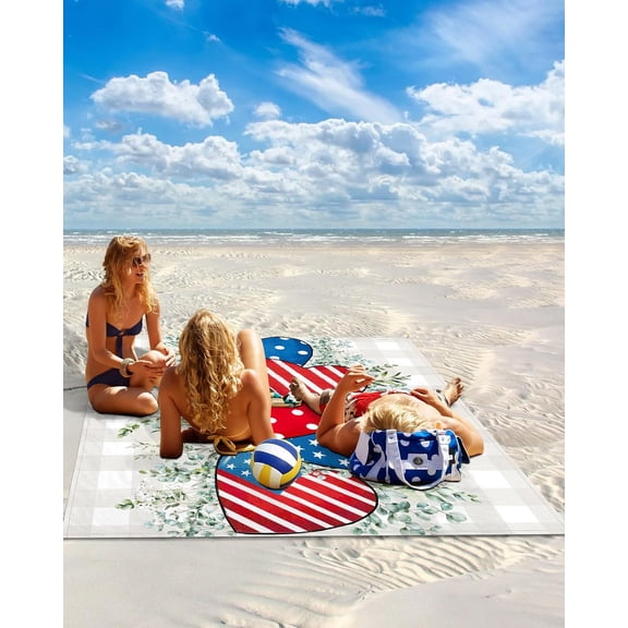 4th of July Beach Blanket Waterproof Sandproof Patriotic Star Love Heart Large Mat for Outdoor Picnic Camping Eucalyptus Leaf Grey Plaid 118x108