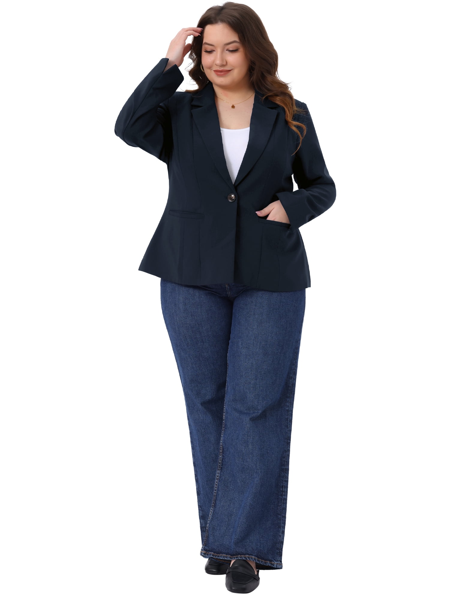 DARING DIVA Women's Plus Casual Long Sleeve Notched Lapel Business Blazer 1X Dark Blue