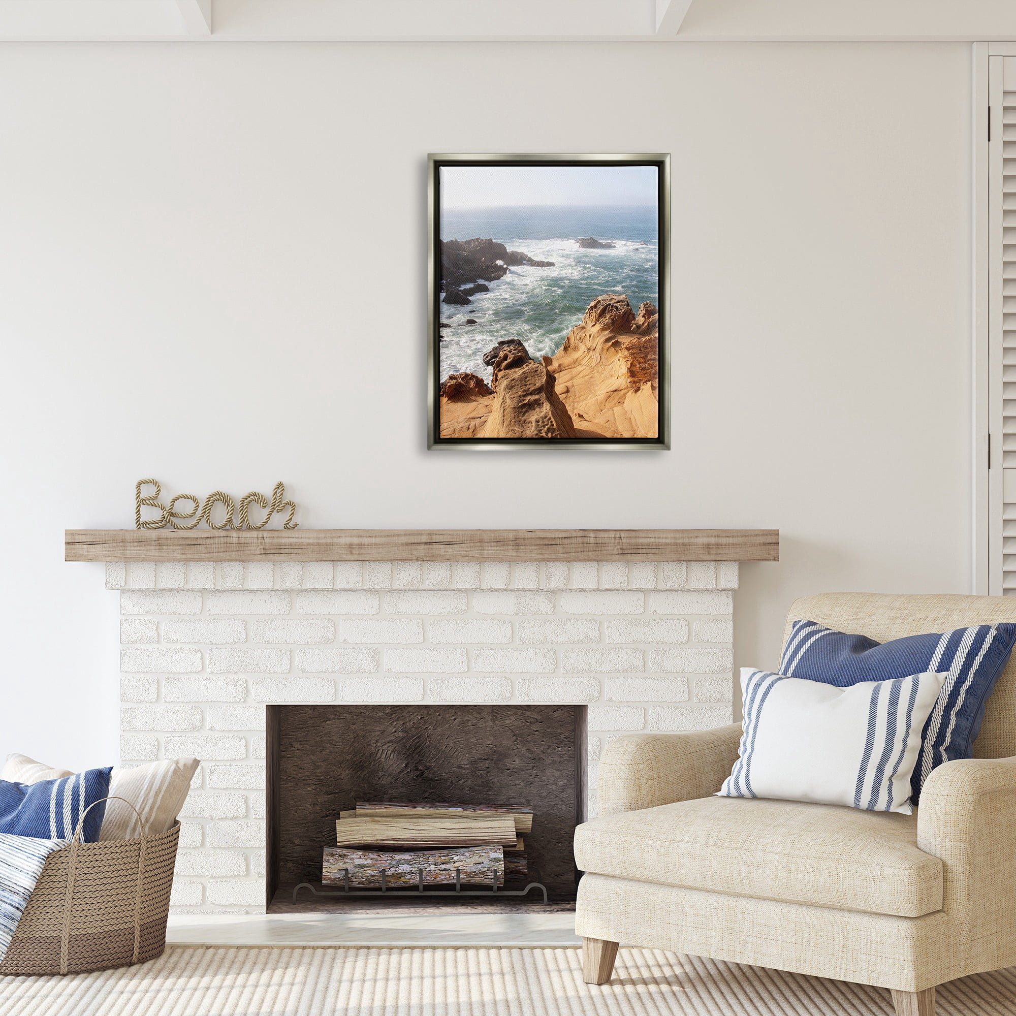 Stupell Industries Sea Cove Splashing Waves Landscape Photography Gray Floater Framed Canvas Art Print Wall Art, 25 x 31