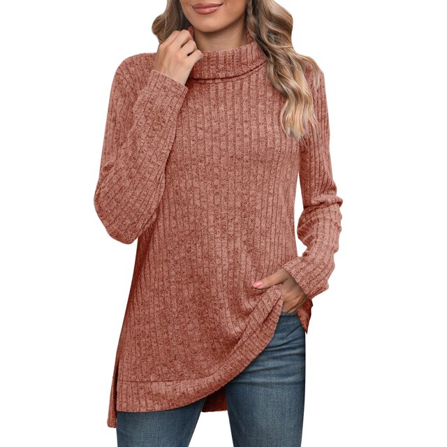 TSADFHJI Hauts de Noël Élégants pour Femmes T-Shirt Ample à Rayures Fendues Col Haut Automne/hiver pour Femmes L Rouge