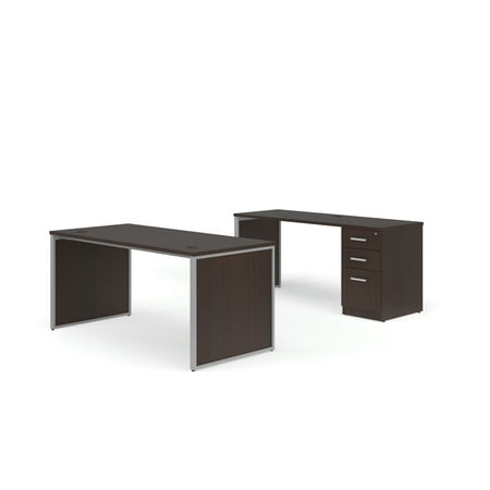 OFM Fulcrum Series Office Furniture Set, 66" Table Desk, 66" Credenza, 3-drawer Filing Cabinet, Leg Panels, in Espresso