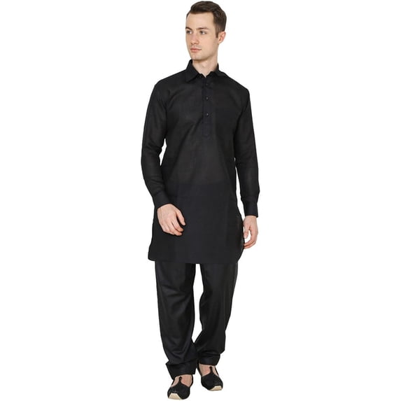 Royal Kurta Men's Linen Pathani Suit (ROYAL_10) (42, Black-Kms)