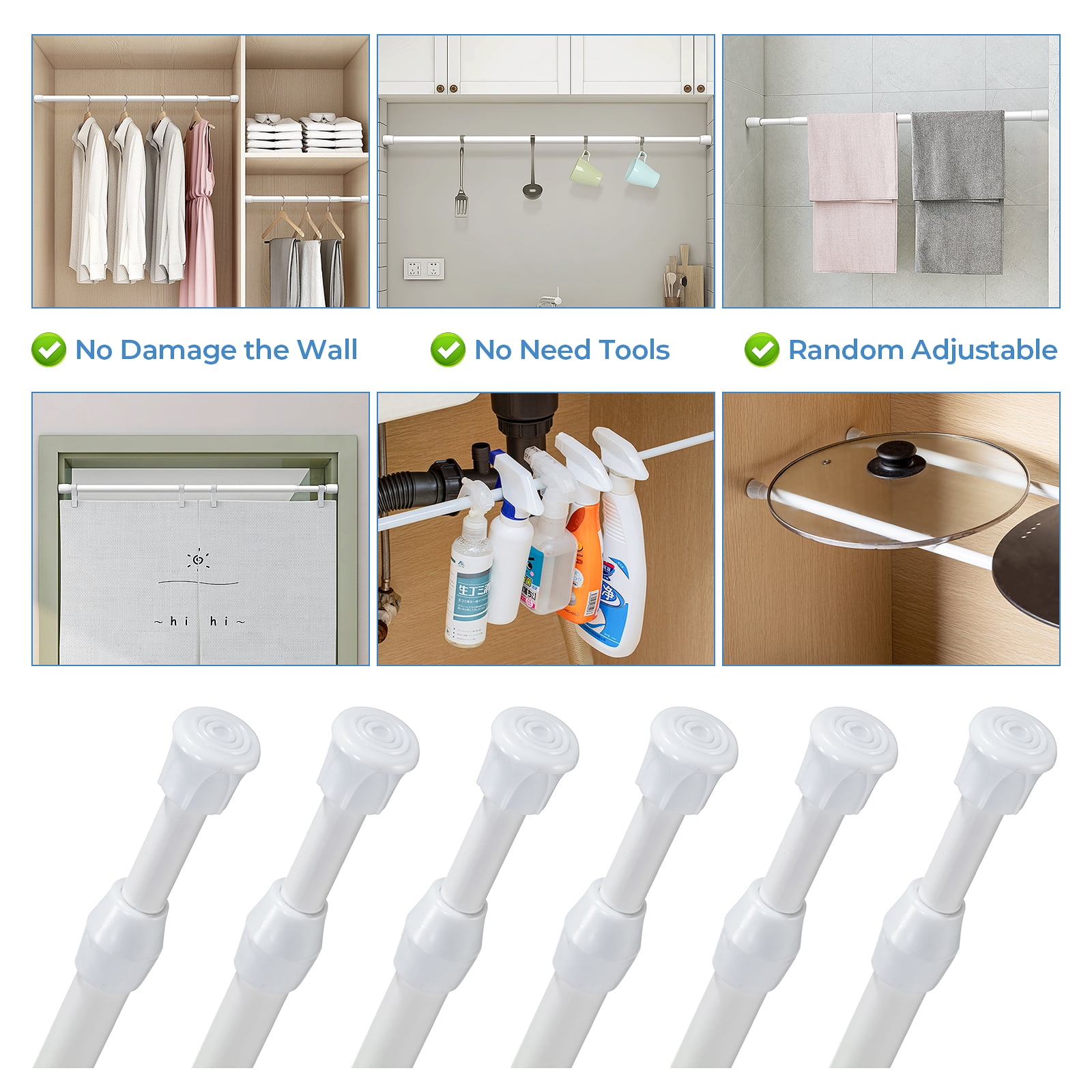 BEAMNOVA 6Pcs Tension Curtain Rod for Windows Cabinet Wardrobe Closet 15.7"-28" Adjustable, 1/2" Diameter, White