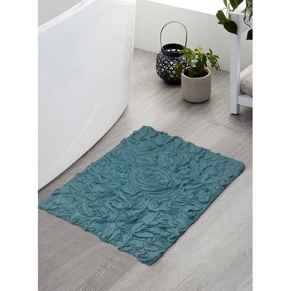 Home Weavers Bell Flower Collection Bathroom Rug 100% Cotton Tufted Bath Rugs, Soft Absorbent Bath Rugs, Non-Slip Bath Mats, Machine Washable, Bath Mats for Bathroom Floor, 17"x24" Rectangle, Blue