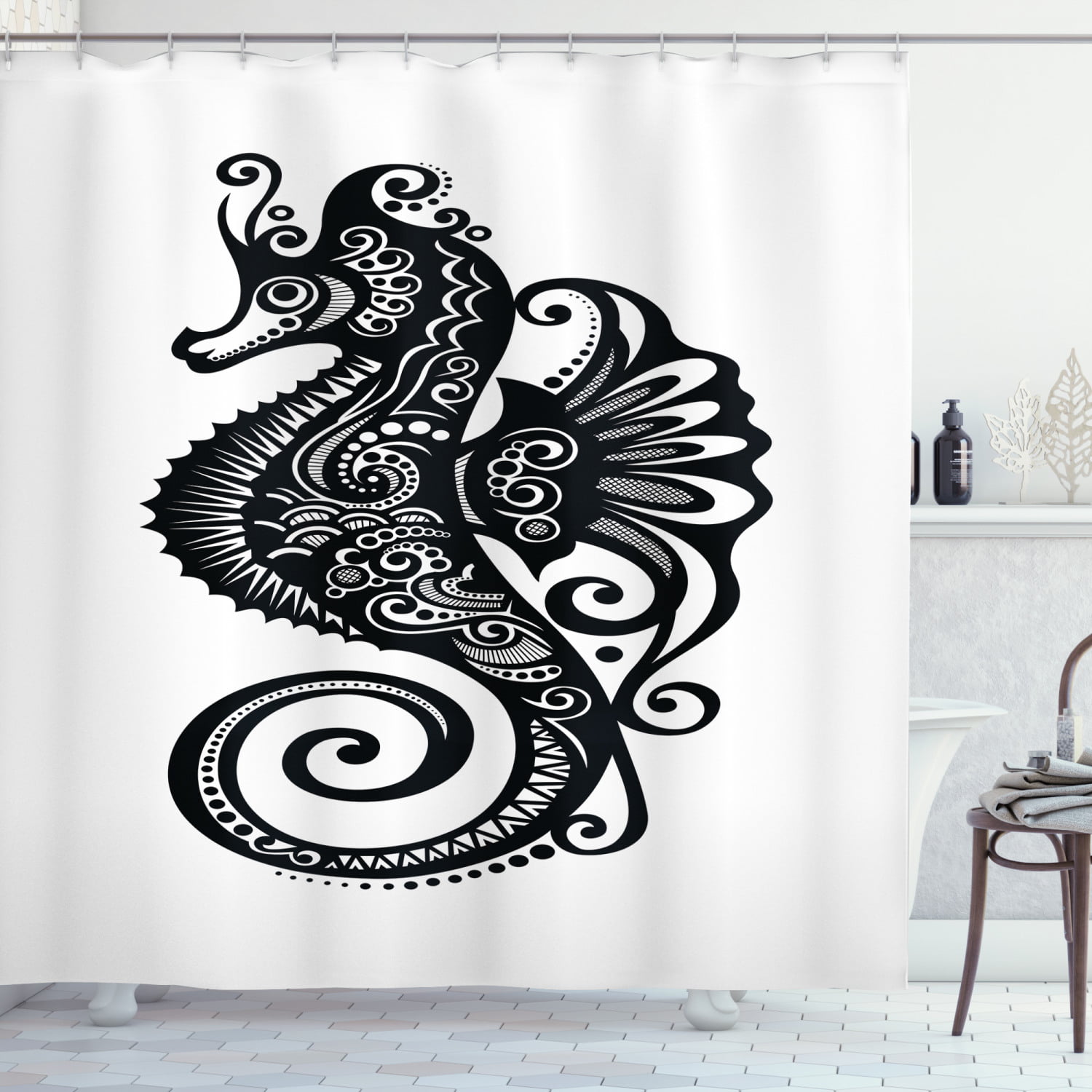 Blue Seahorse Art Shower Curtain Underwater Cute Creature Rug Decor 70.9x70.9in 