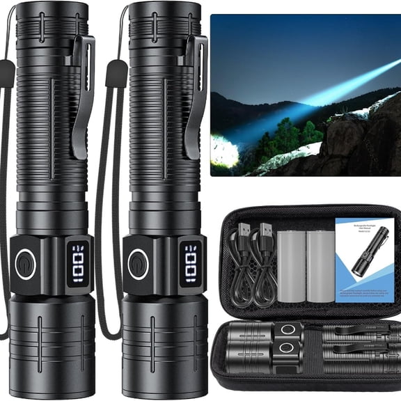 LED Flashlight, High Powered High Lumens Super Bright Flashlight, Rechargeable Flashlights High Lumens, 6 Modes Zoomable Waterproof Flash Lights for Emergency, Camping, Hiking