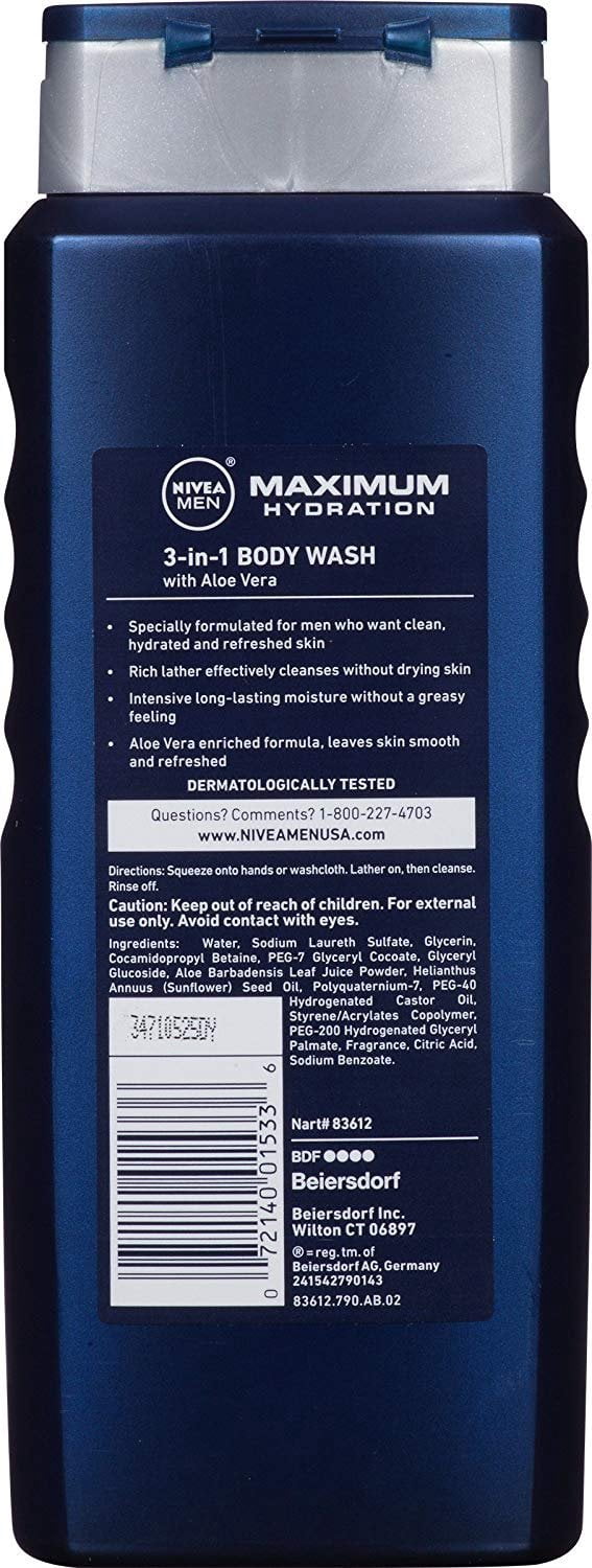 NIVEA FOR MEN Maximum Hydration 3-in-1 Body Wash , 16.9 oz (Pack of 3)