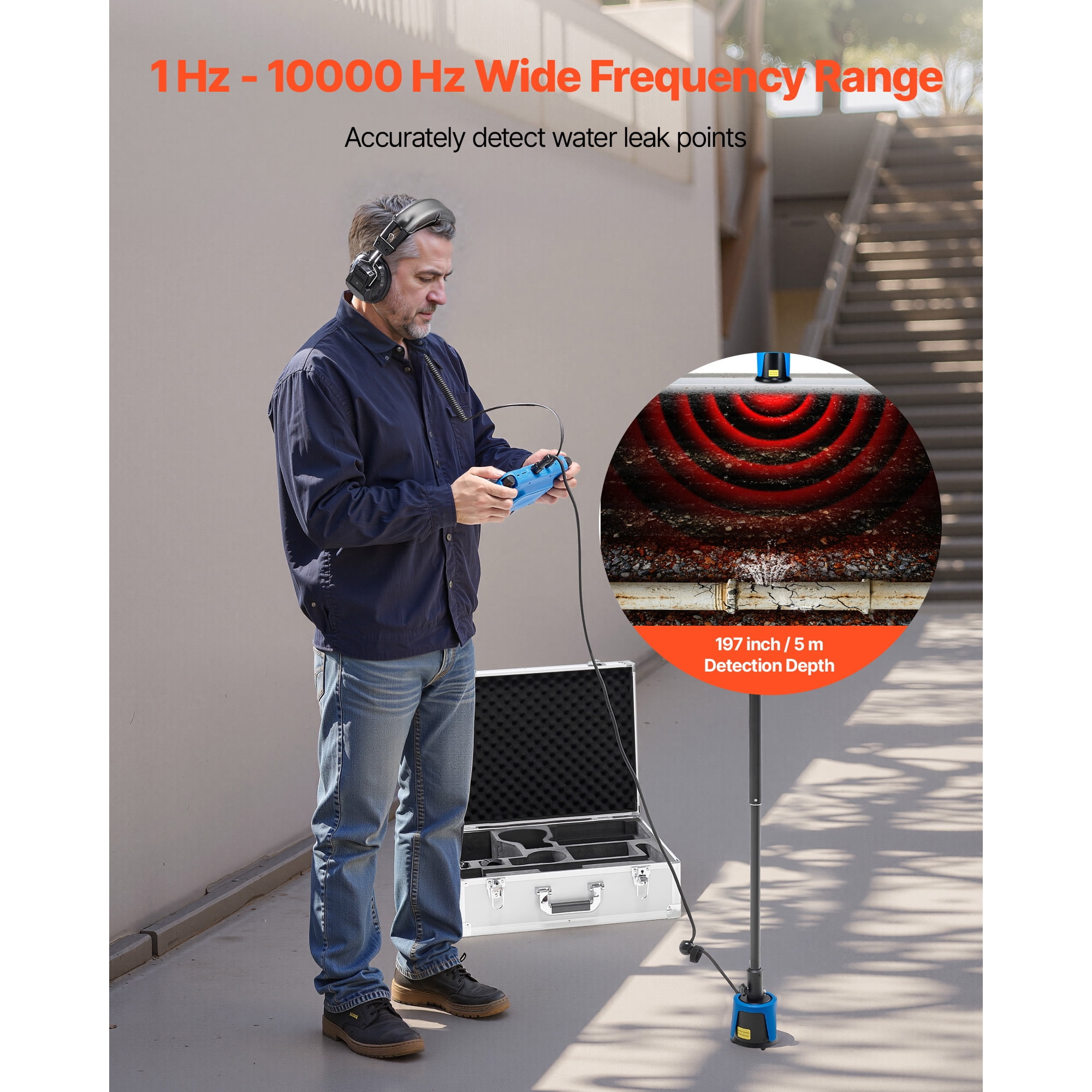 KFFKFF Pipe Water Leak Detector for Outdoor Use, 1Hz-10000Hz Frequency Range, 7" Touchscreen Locator for Plumbing up to 16.4FT (5m) Underground - Includes Medium Sensor, Listening Rods