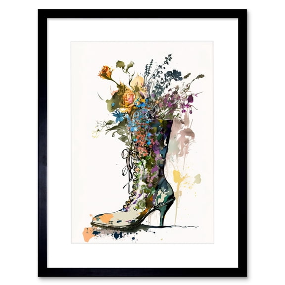 Spring Wildflower Bouquet in High Heel Floral Boot Artwork Framed Wall Art Print 9X7 Inch
