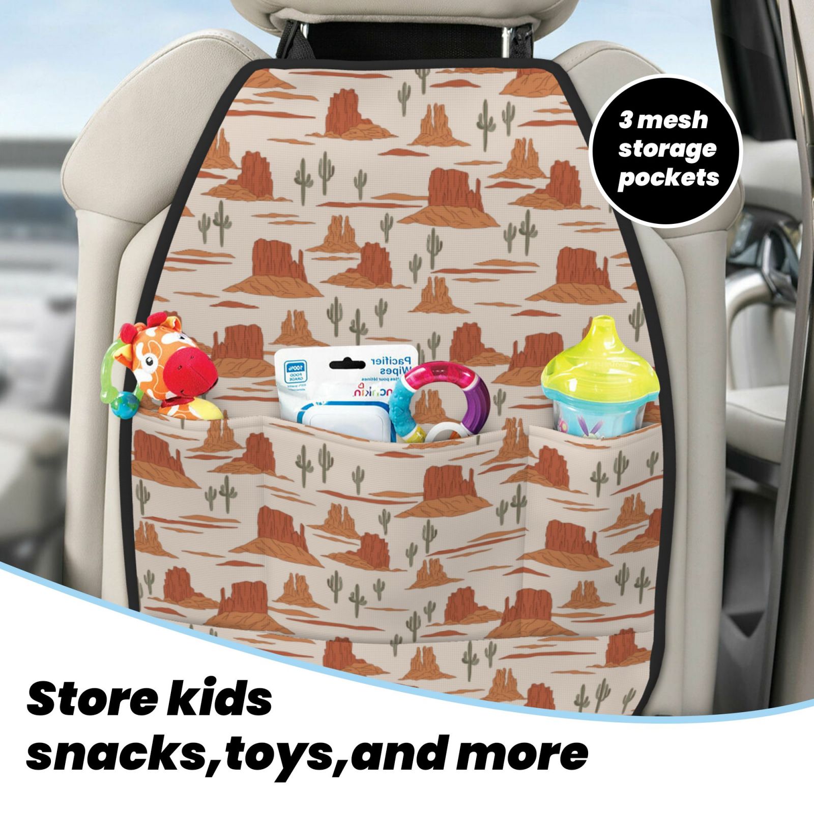 Kdxio Western Desert Nature Landscape Print 2 Pack Car Kick Mat Seat Cover Back Protector Mat with Pockets for Organizer Backseat Protector and Storage Anti Kick Pad for Vehicles
